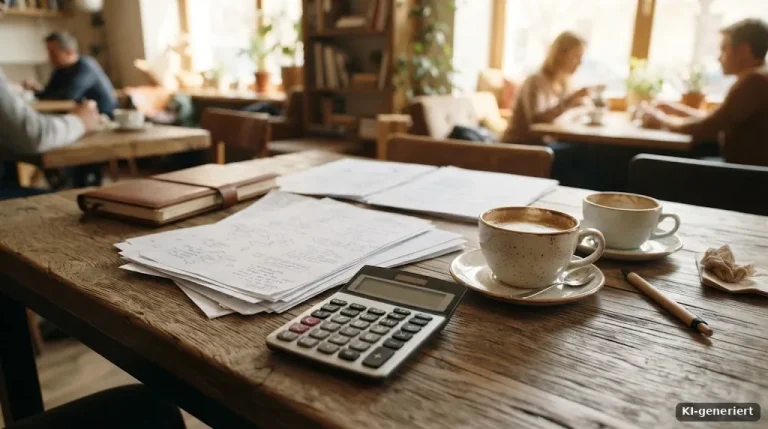 Unterlagen, Taschenrechner und Kaffeetassen auf einem Holztisch in einem Café