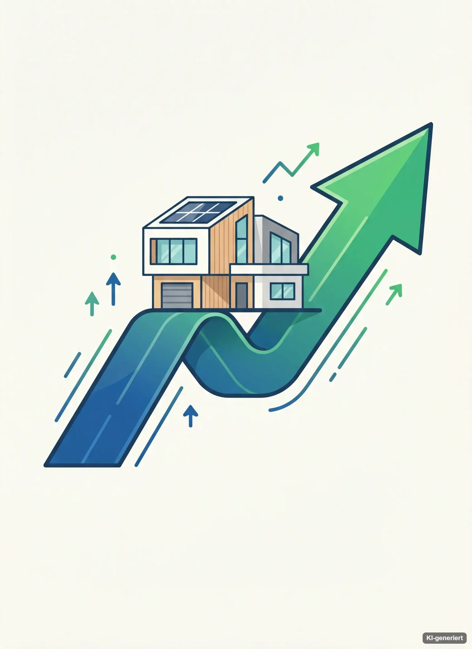 Illustration: Haus auf einem geschwungenen Pfeil nach oben – Wachstum von Vermögen und Wohneigentum