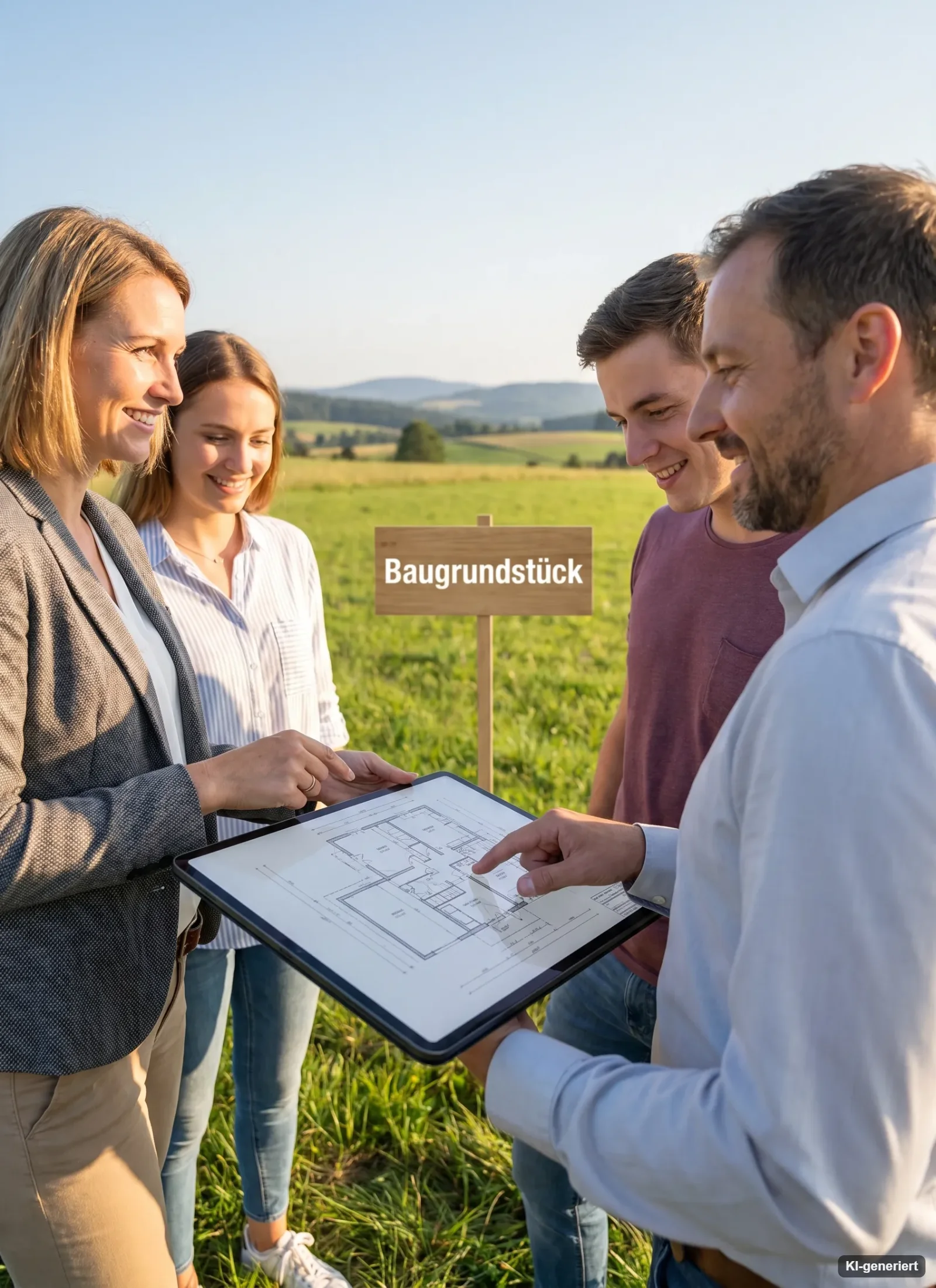 Familie bespricht mit einem Berater Baupläne auf einem Tablet vor einem Baugrundstück