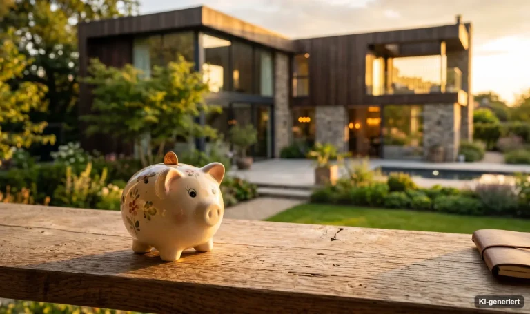 Sparschwein auf einer Holzbank vor einem modernen Einfamilienhaus – regelmäßiger Eigenbeitrag für das Eigenheim