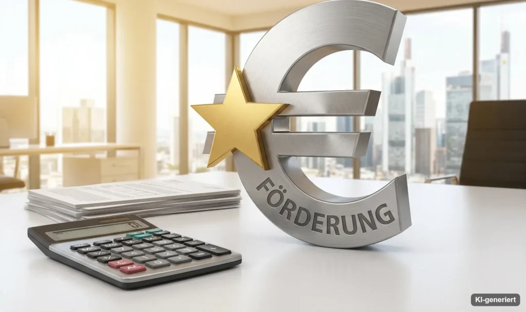 Schriftzug Förderung mit Euro-Zeichen und Taschenrechner – Symbol für die neue staatliche Förderung ab 2027