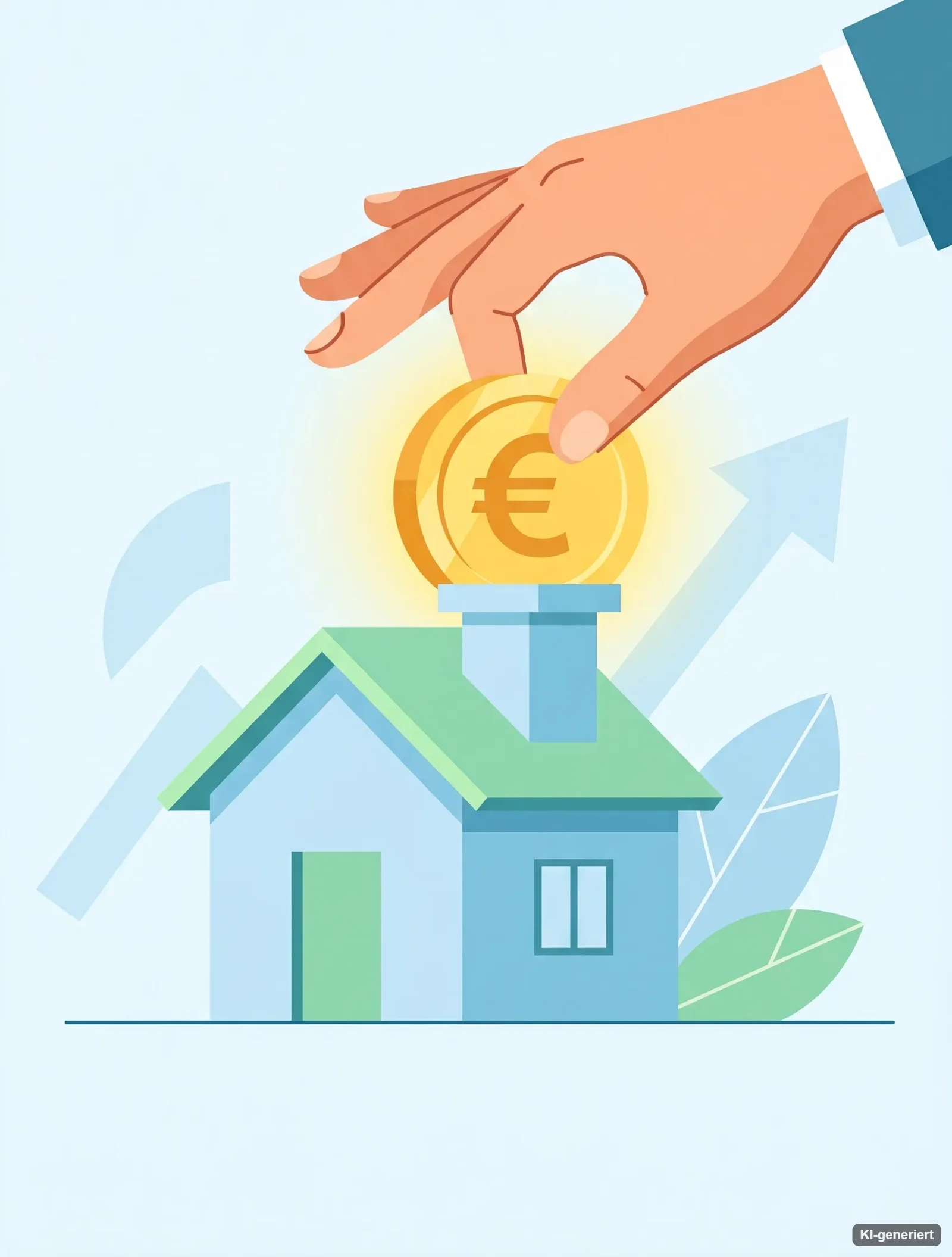 Illustration: Hand wirft eine Euro-Münze in ein Haus – staatliche Zulagen für das Eigenheim ab 2027