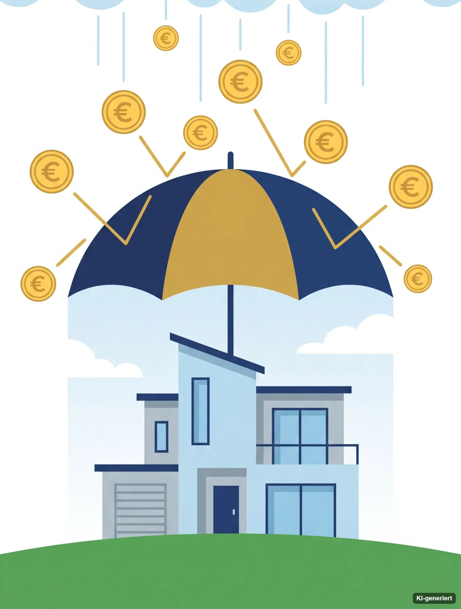 Illustration: Schirm schützt ein Haus vor fallenden Euro-Münzen – Steuern im Alter planen