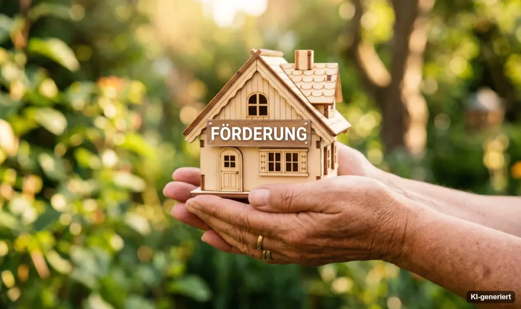 Hände halten ein kleines Holzhaus mit der Aufschrift Förderung vor grünem Hintergrund