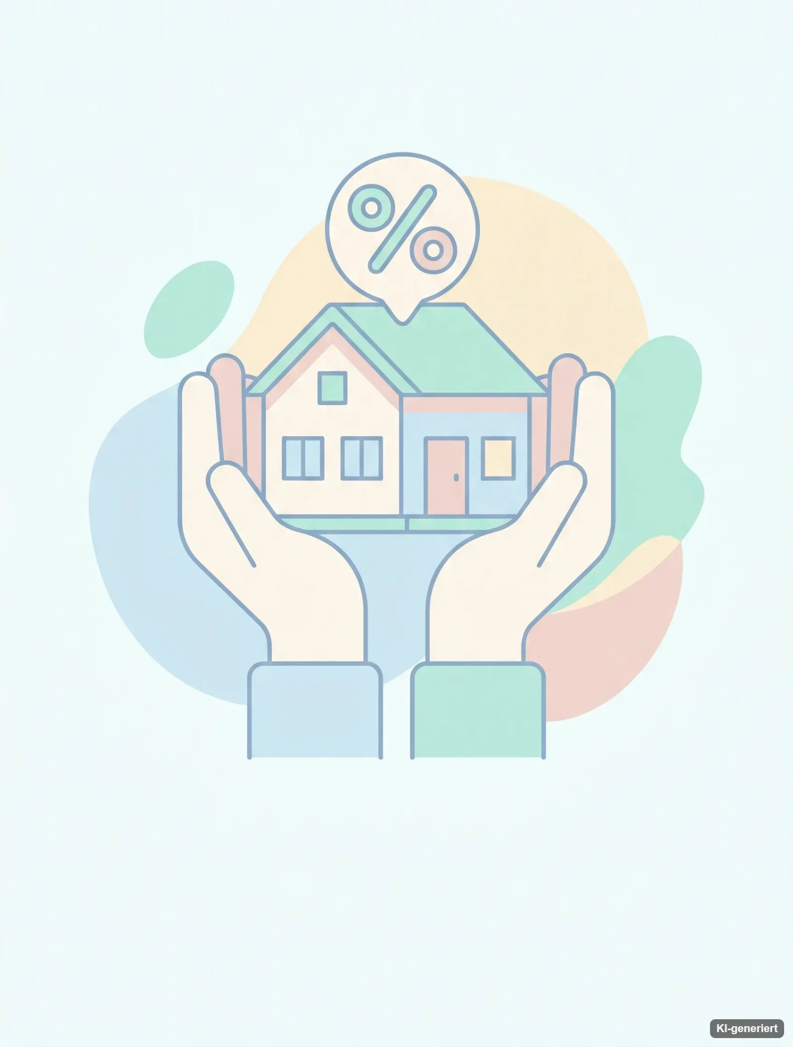 Illustration: Zwei Hände halten ein Haus mit Prozentzeichen – staatliche Förderung für Wohneigentum