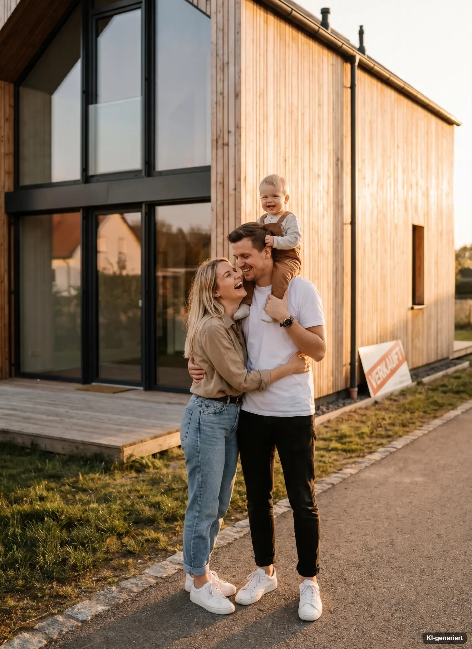 Familie mit Kind auf den Schultern vor ihrem neuen Holzhaus