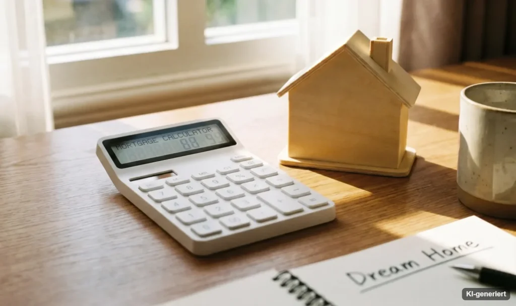 Taschenrechner, Notizblock mit der Aufschrift Dream Home und ein kleines Holzhaus auf dem Tisch – Förderung der Eigenheimrente berechnen