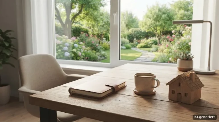Aufgeräumter Arbeitsplatz im Homeoffice mit Notizbuch, Kaffeetasse und kleinem Holzhausmodell