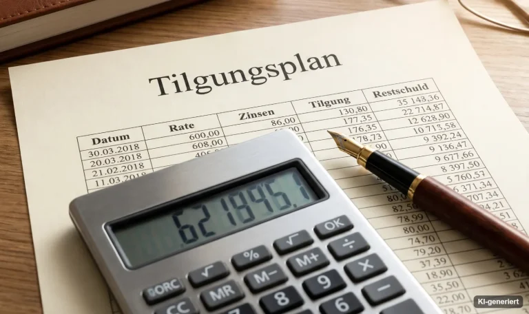 Tilgungsplan mit Taschenrechner und Füller auf dem Schreibtisch – Immobiliendarlehen mit Eigenheimrente tilgen