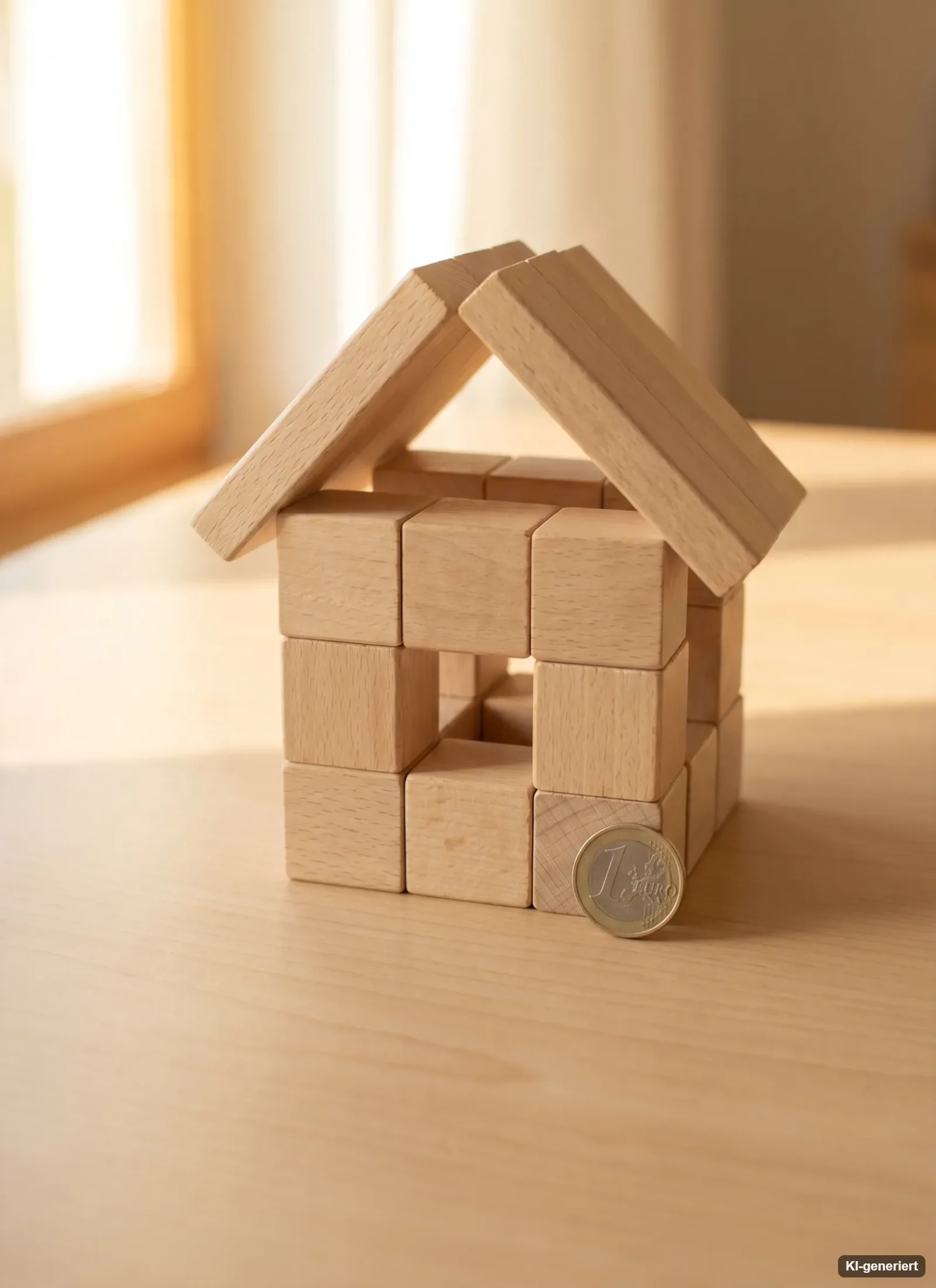 Haus aus Holzbausteinen mit einer Münze – verschiedene Bausteine der Eigenheimfinanzierung