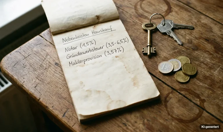 Aufgeschlagenes Notizbuch mit Berechnungen, Hausschlüssel und Münzen auf einem Holztisch – Verkauf einer geförderten Immobilie planen