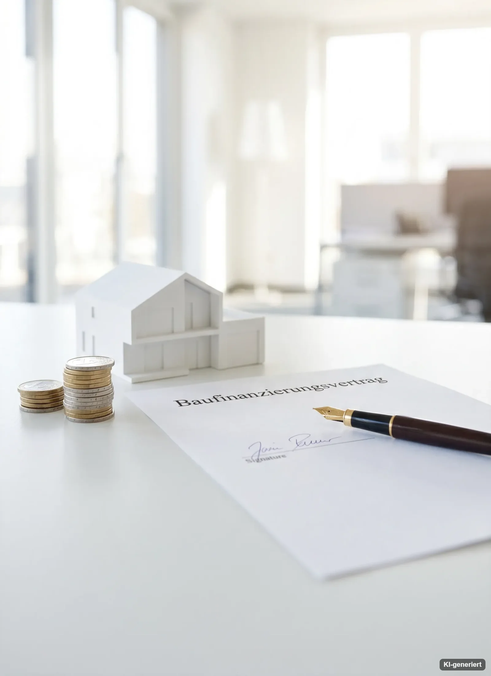 Baufinanzierungsvertrag mit Füller, Münzen und Hausmodell auf einem weißen Tisch