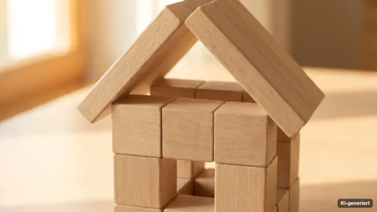 Haus aus Holzbausteinen mit einer Euromünze als Sinnbild für geförderte Altersvorsorge und ihre Bedingungen