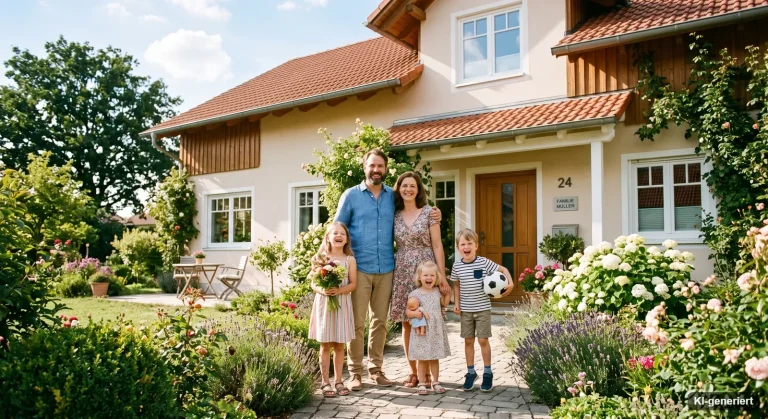 Familie mit drei Kindern vor ihrem Einfamilienhaus als Sinnbild für die staatliche Riester-Förderung
