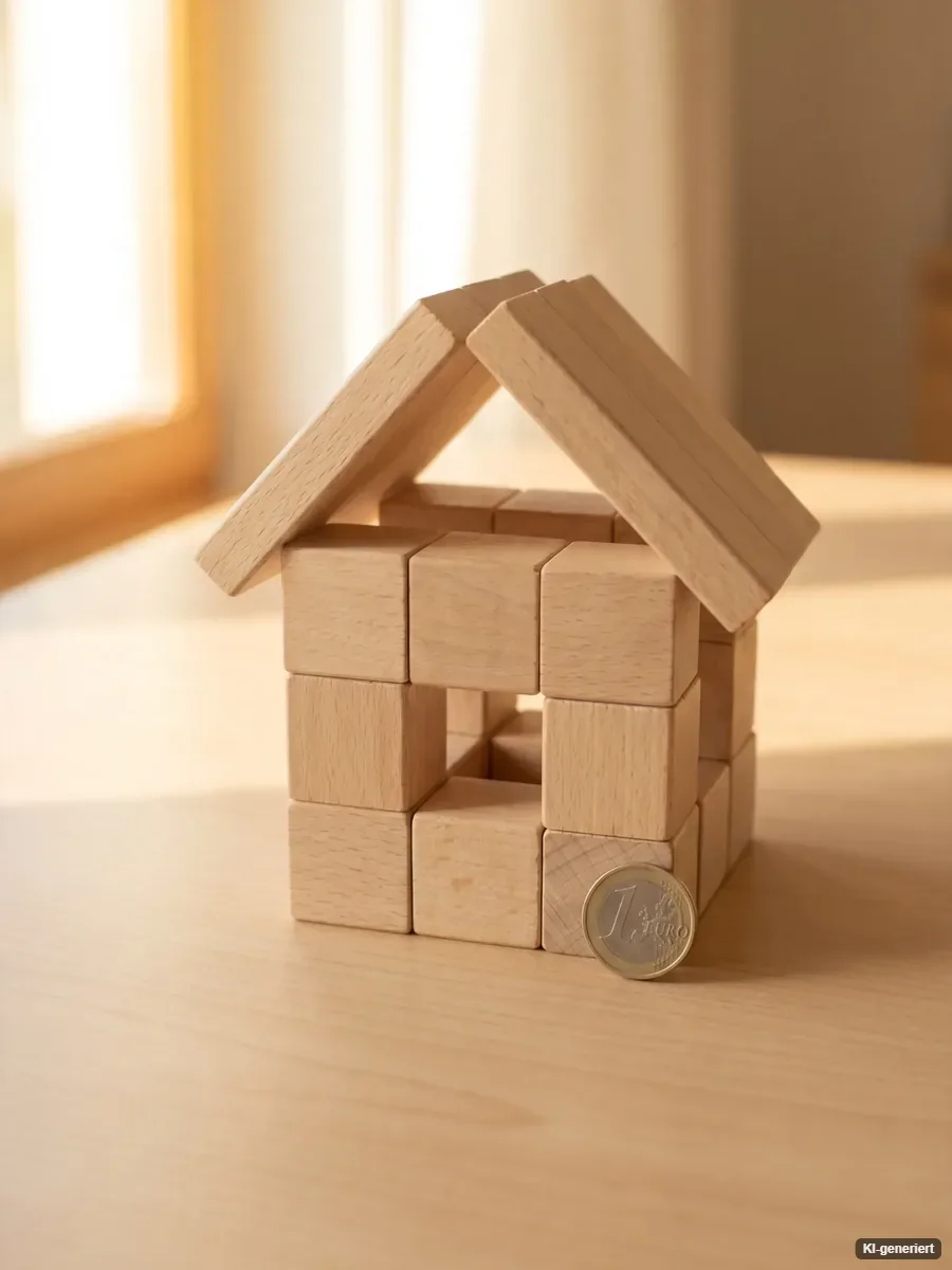 Haus aus Holzbausteinen mit Münze als Sinnbild für die Prüfung der Förderberechtigung