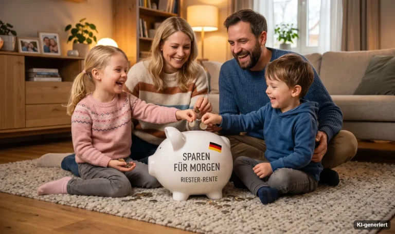 Familie mit zwei Kindern wirft Münzen in ein Sparschwein mit der Aufschrift Sparen für morgen