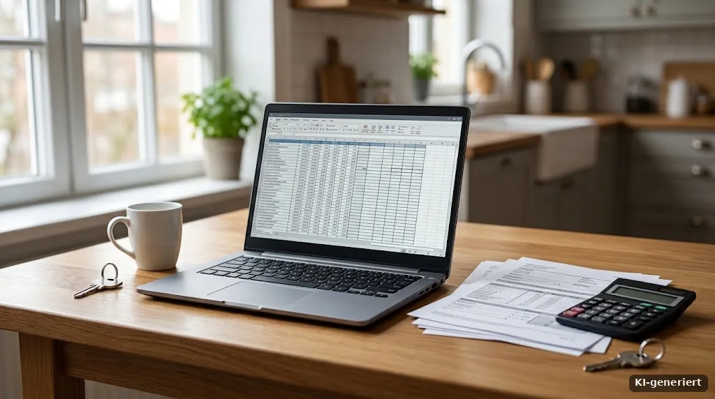 Laptop mit Tabelle und Unterlagen auf dem Küchentisch