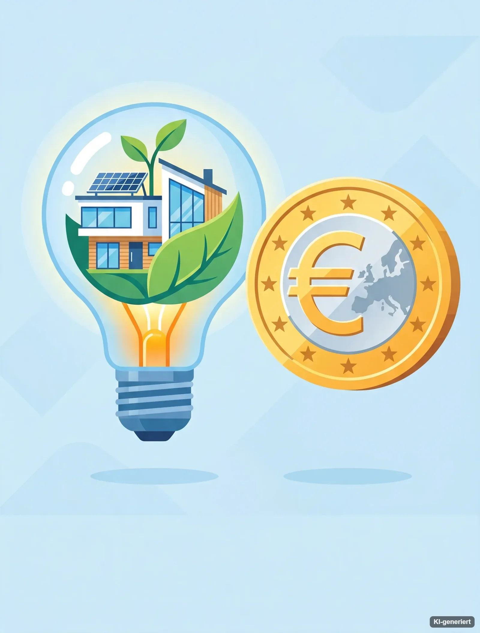 Illustration: Glühbirne mit Haus, Solarzellen und grünem Blatt neben einer Euro-Münze – energetische Sanierung finanzieren