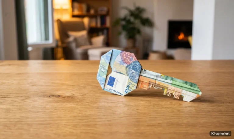 Hausschlüssel mit gefaltetem Geldschein auf einem Holztisch im Wohnzimmer – Riester-Kapital für das Eigenheim entnehmen