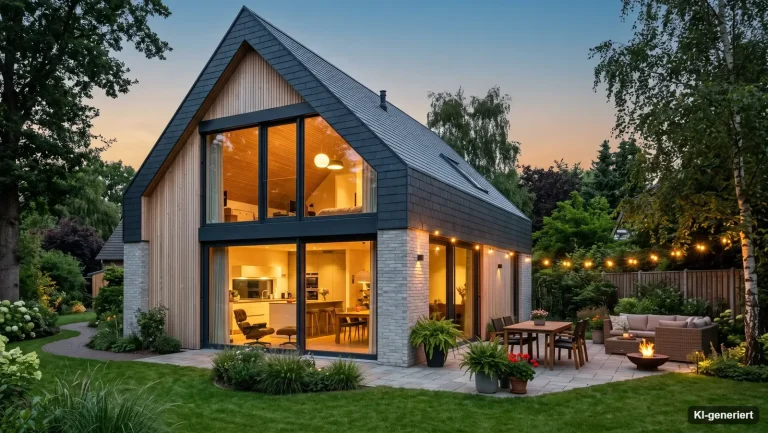 Einfamilienhaus mit Satteldach am Abend als Sinnbild für die Aufteilung von Immobilie und Altersvorsorge