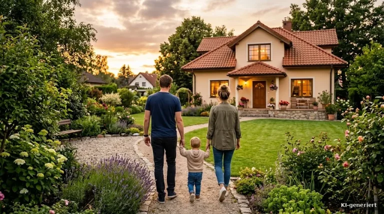 Junge Familie vor ihrem Einfamilienhaus