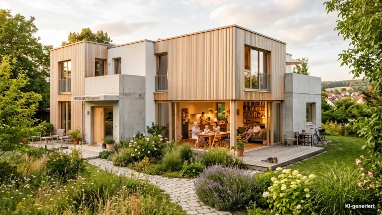 Modernes Wohnhaus mit Garten, in dem mehrere Generationen zusammenleben