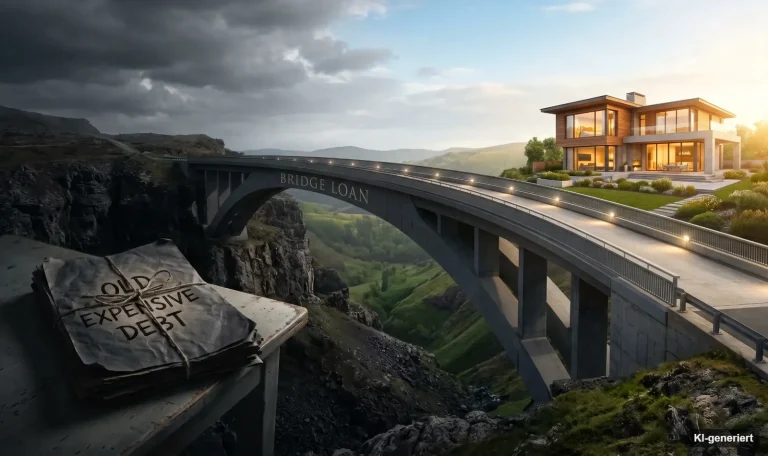 Brücke über eine Schlucht führt zu einem modernen Haus im Abendlicht – Übergang in die neue Förderung
