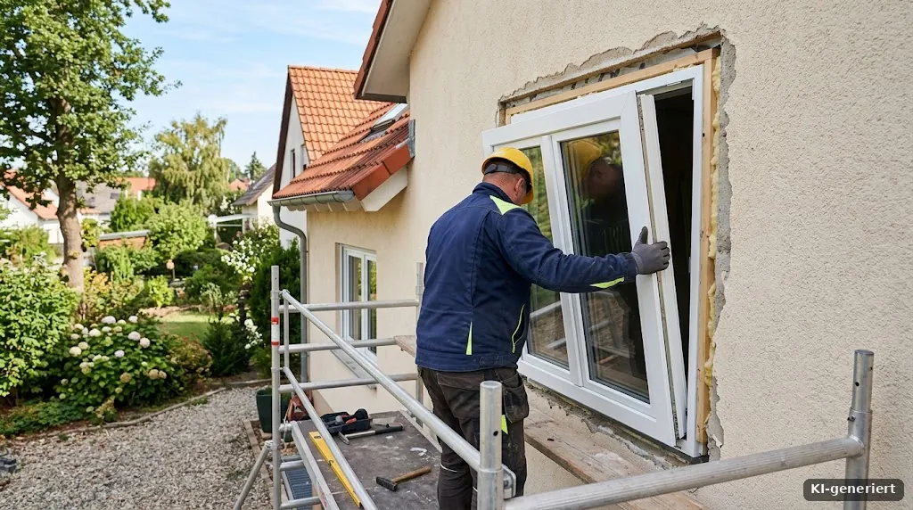 Handwerker setzt ein neues Fenster ein – energetische Sanierung
