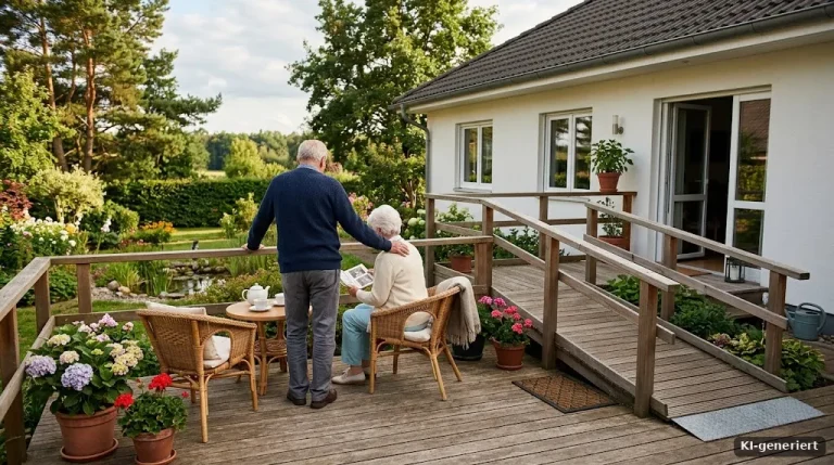 Älteres Paar auf der Terrasse eines barrierefreien Einfamilienhauses