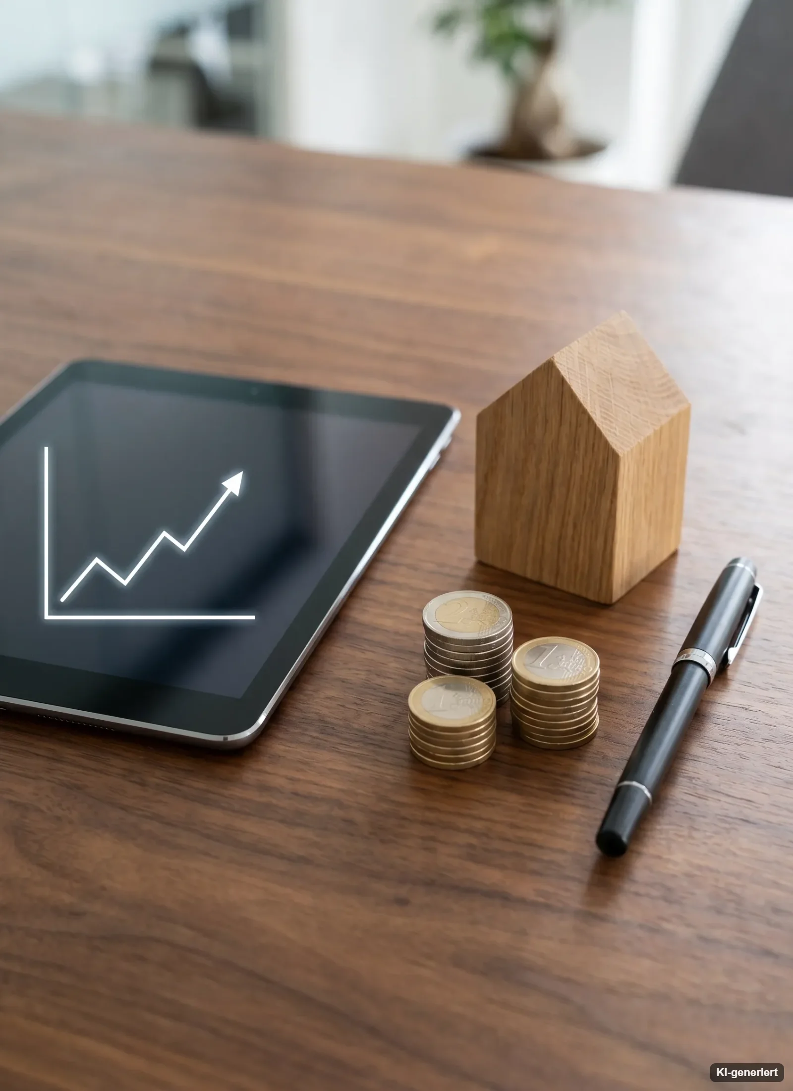 Tablet mit Chart, Holzhaus und Münzstapel auf einem Tisch – Überblick über das Wohnförderkonto