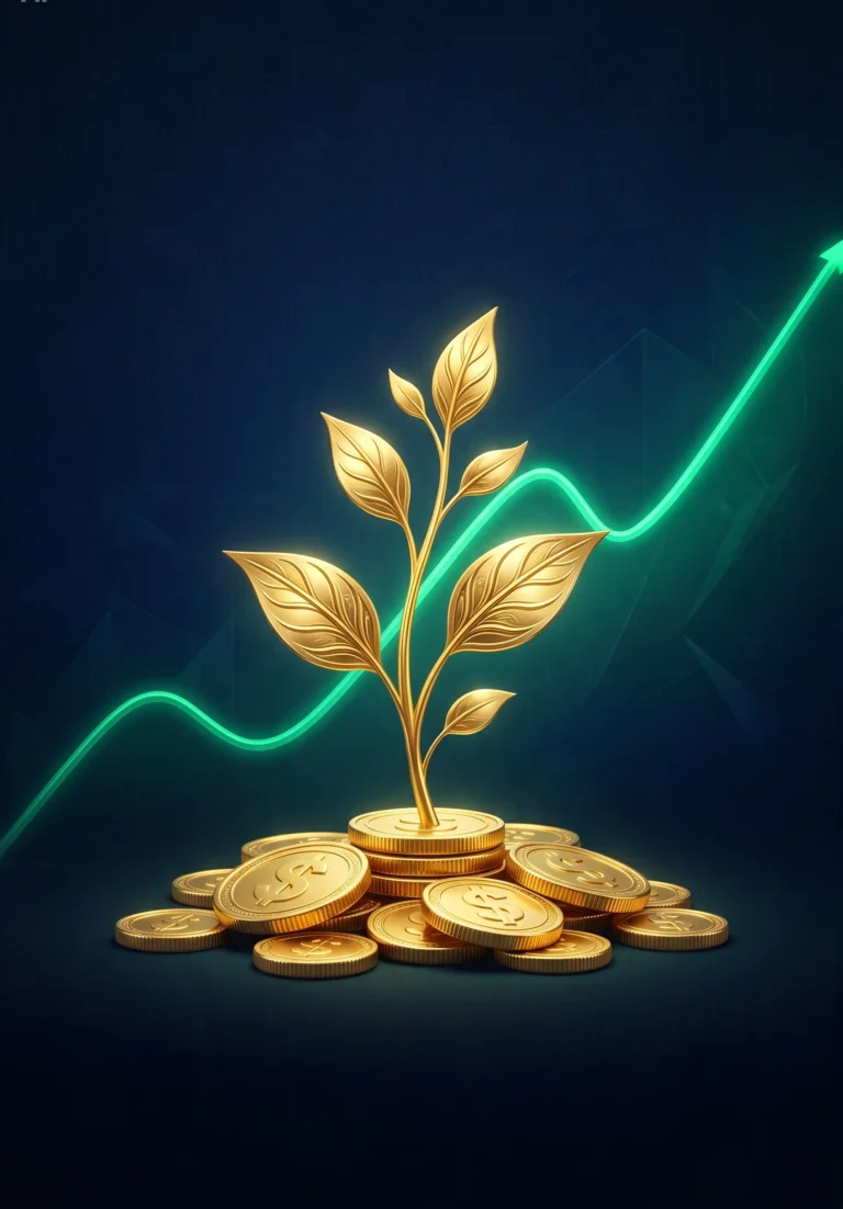 Goldene Pflanze auf einem Stapel Münzen vor einer steigenden Kurve als Symbol für Wachstum und Kosten im Altersvorsorgedepot