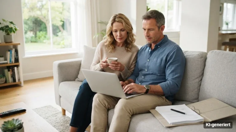 Paar prüft auf dem Sofa am Laptop seine Finanzierung