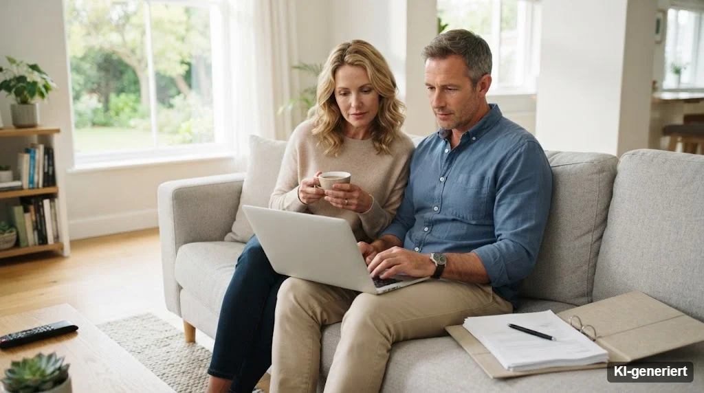 Paar prüft auf dem Sofa am Laptop seine Finanzierung