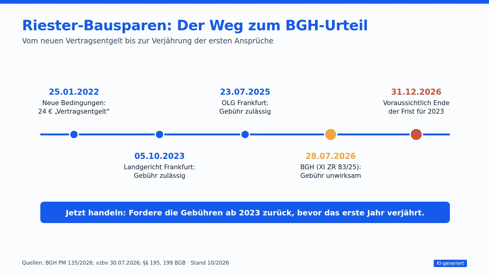 Zeitstrahl Riester-Bausparen: neues Vertragsentgelt 2022, Urteile von Landgericht und OLG Frankfurt, BGH-Urteil vom 28.07.2026 und voraussichtliches Fristende für 2023 am 31.12.2026