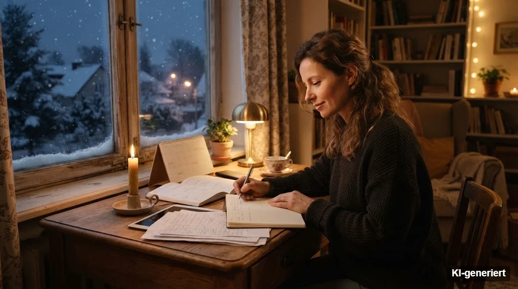 Frau macht sich am winterlichen Schreibtisch Notizen zu ihren Unterlagen